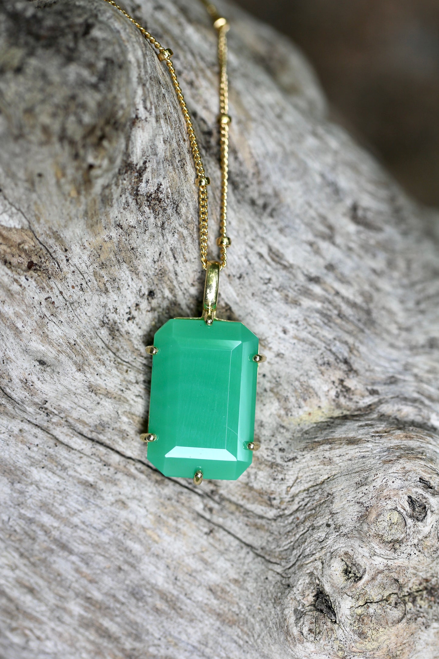Chrysoprase Emerald Cut Gold Necklace