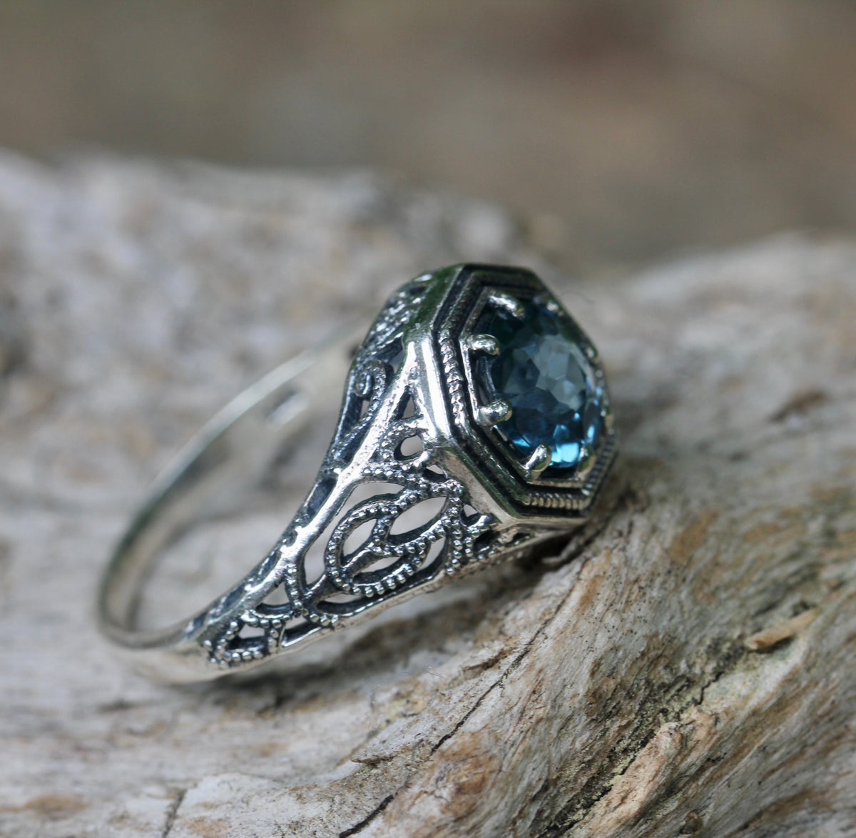 London Blue Topaz Filigree Ring