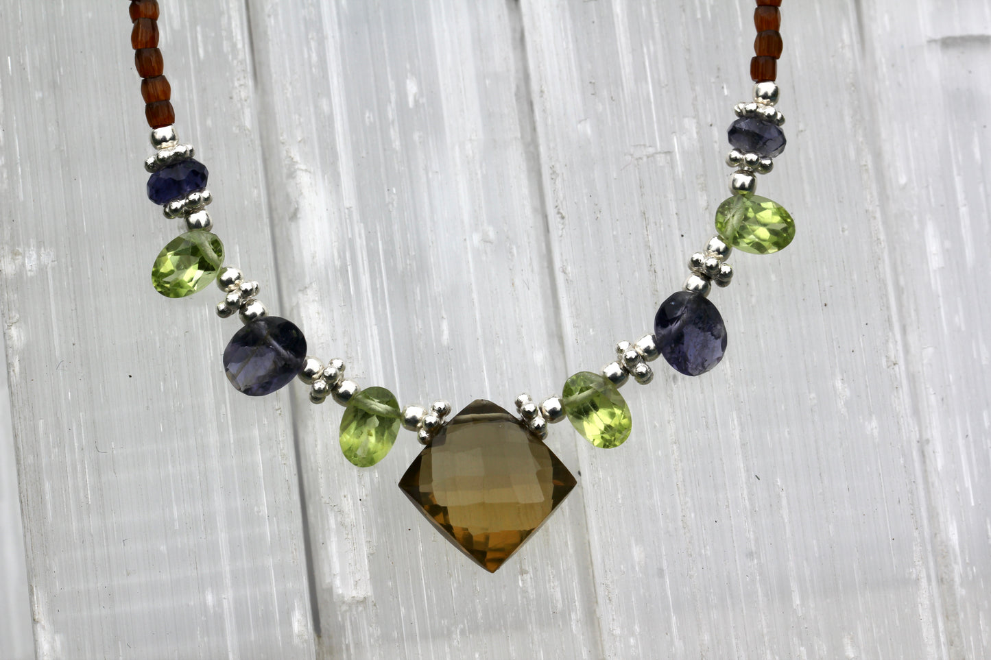 Beer Quartz Peridot Iolite Beaded Necklace