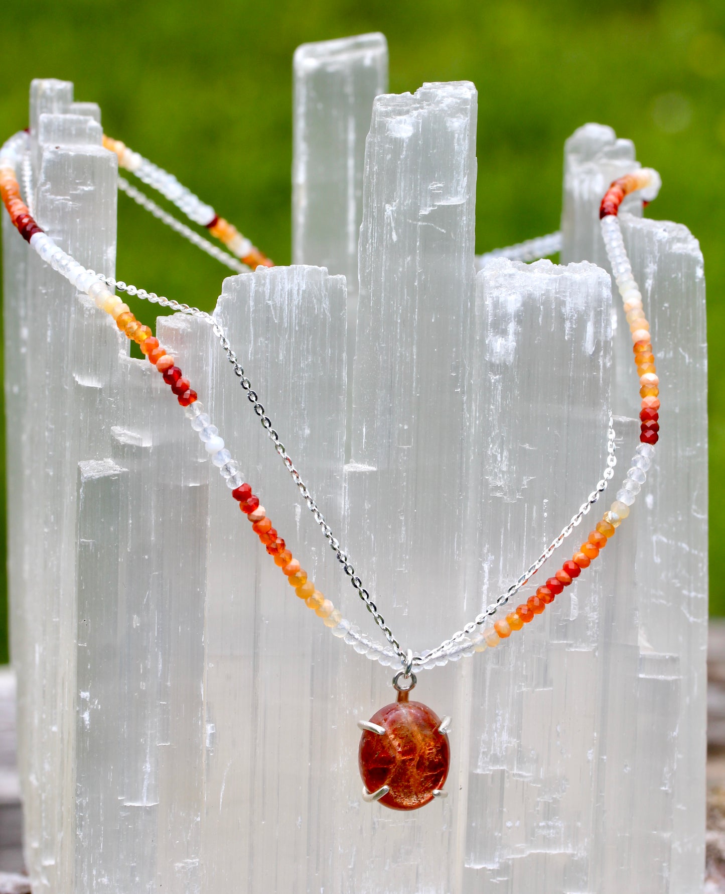 Sunstone Fire Opal Bead Chain Necklace