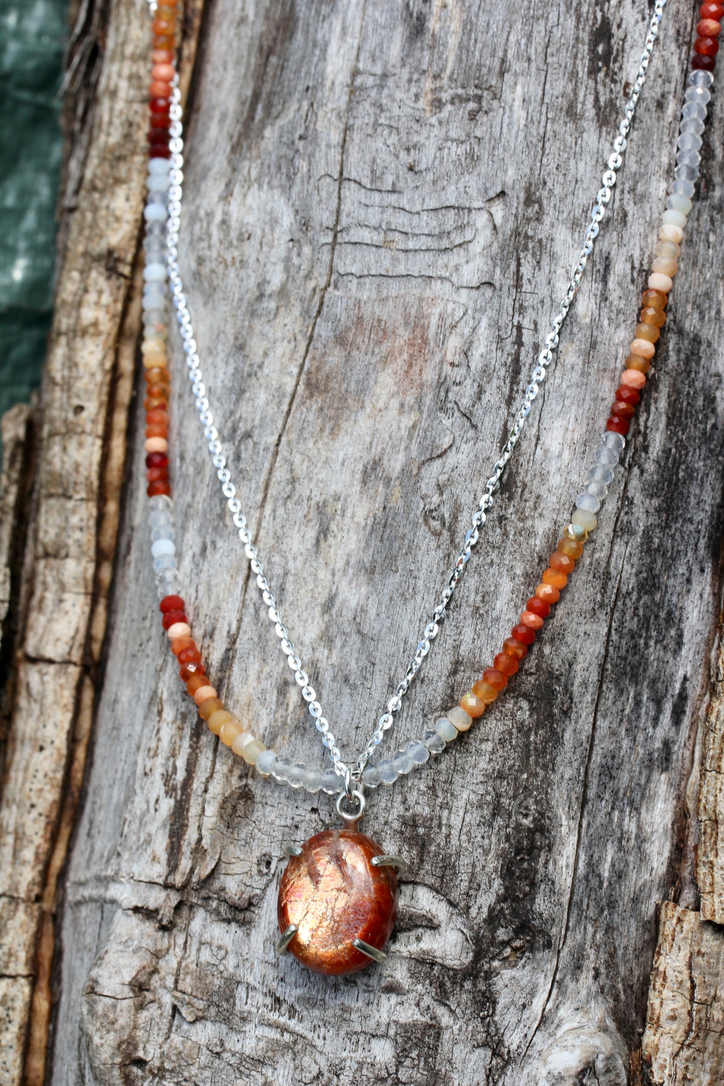 Sunstone Fire Opal Bead Chain Necklace