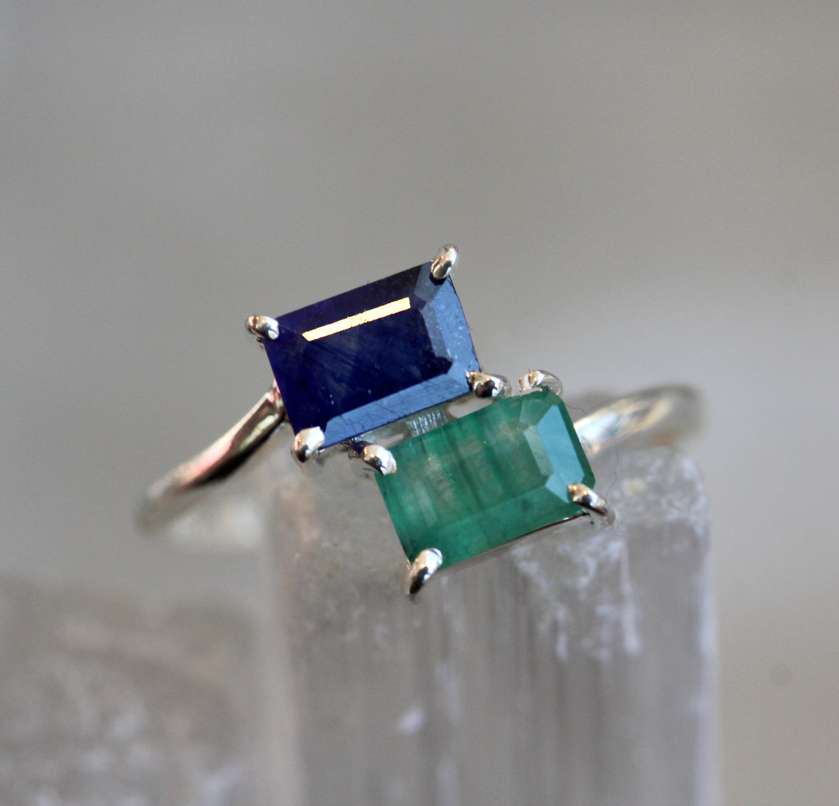 Sapphire Emerald Silver Ring