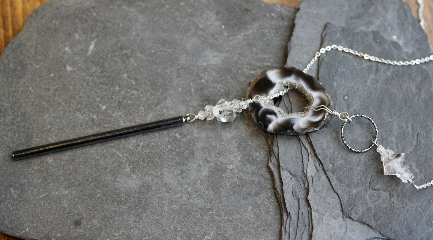 Agate Herkimer Diamond Silver Toggle Necklace