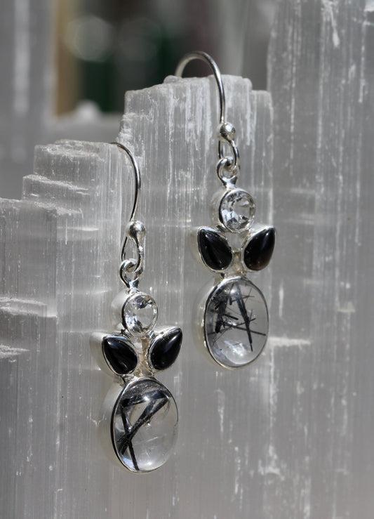 Tourmalinated quartz Onyx White Topaz Earrings