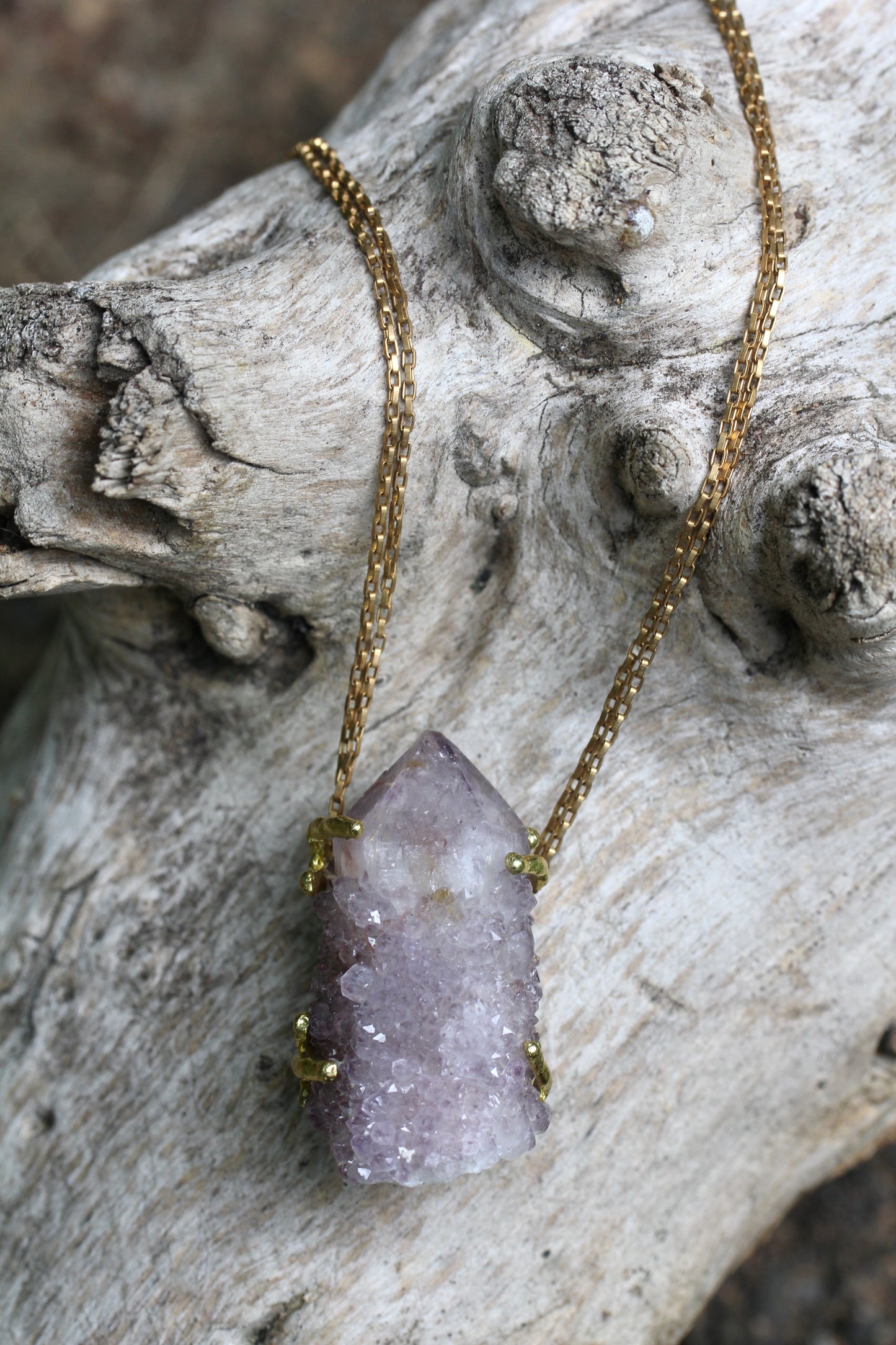 Cactus Amethyst Crystal Brass Necklace
