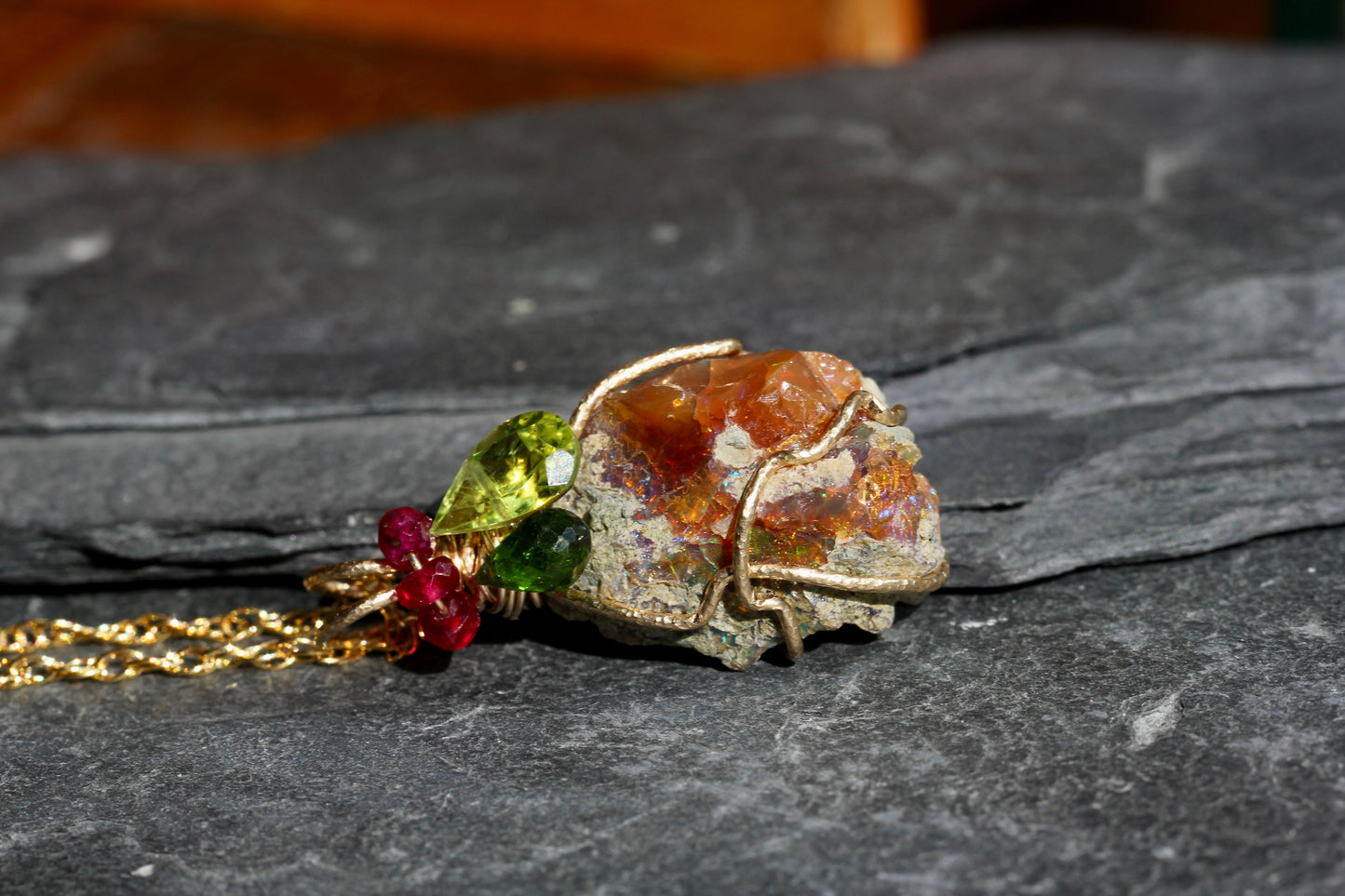Rough Opal with Diopside, Peridot and Ruby Pendant