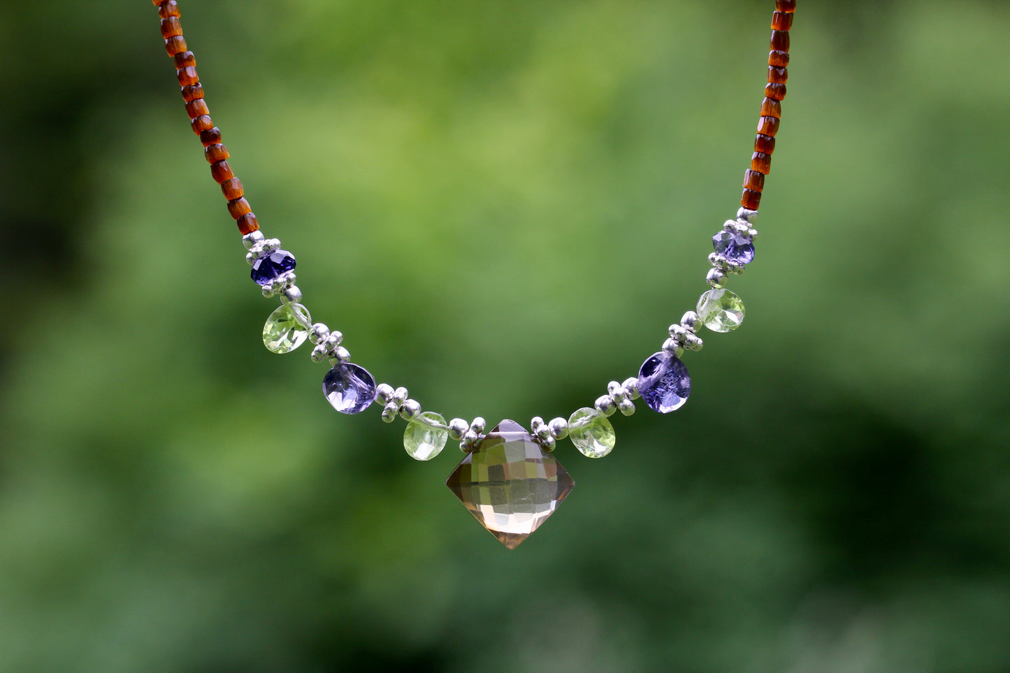 Beer Quartz Peridot Iolite Beaded Necklace