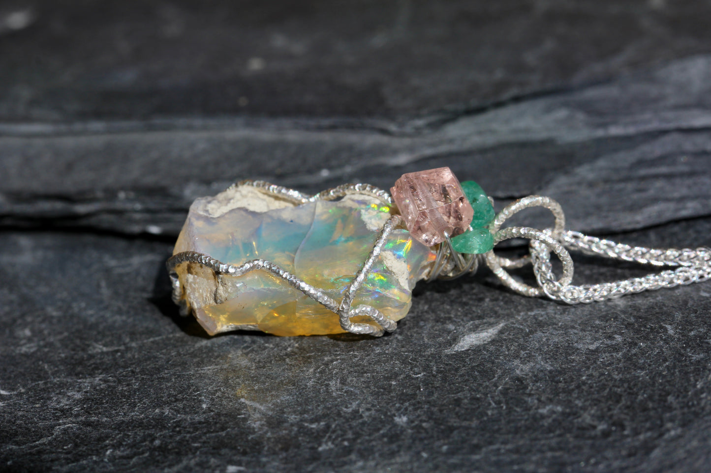 Rough Opal Tourmaline Emerald Pendant