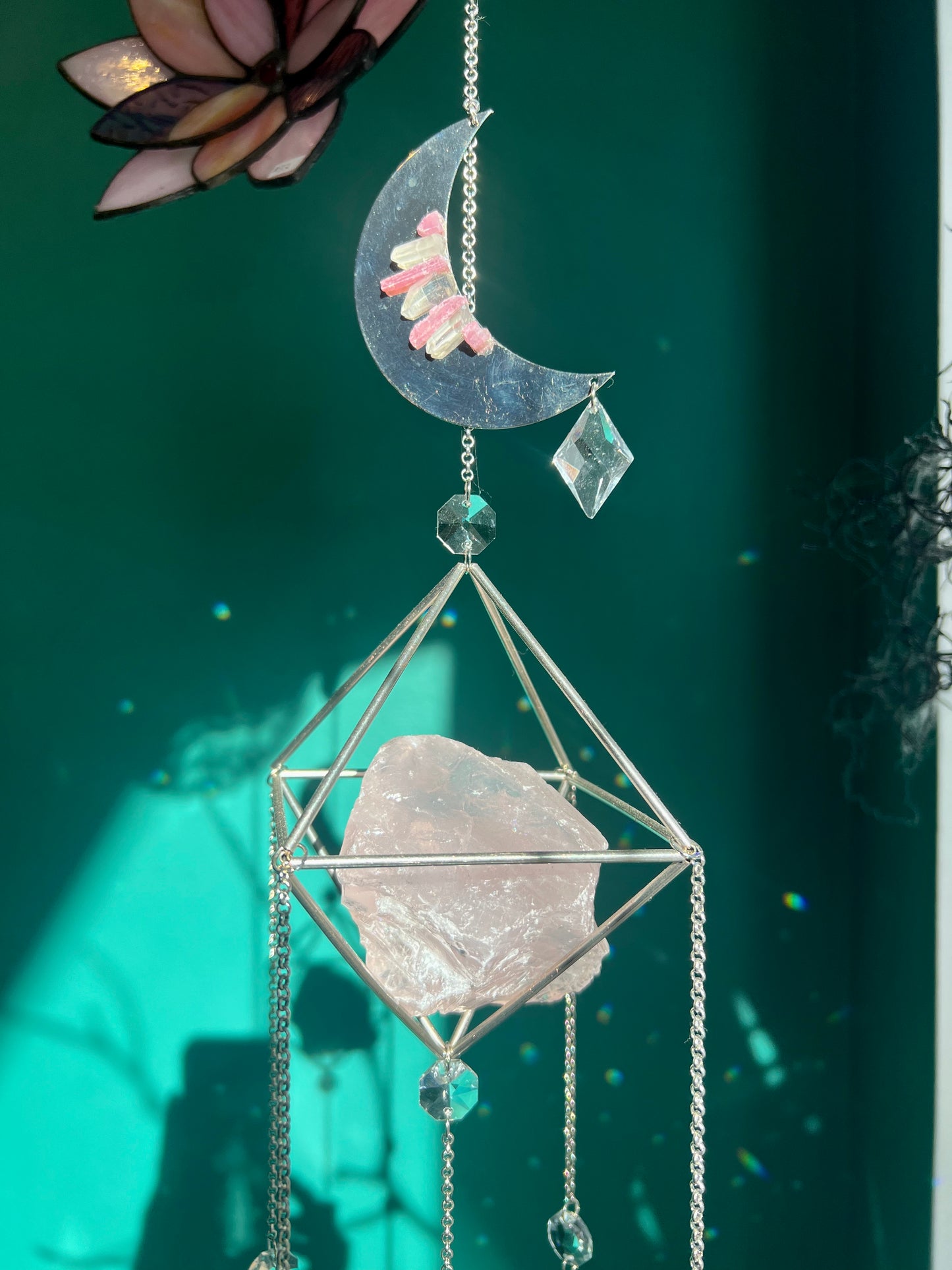 Rose Quartz Preciosa Crystal Moon Sun Catcher Chandelier