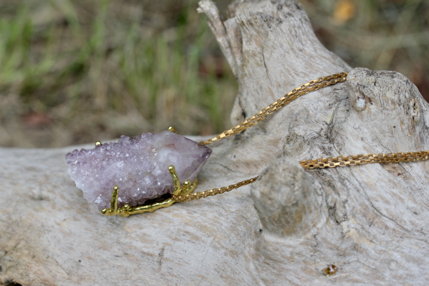 Cactus Amethyst Crystal Brass Necklace