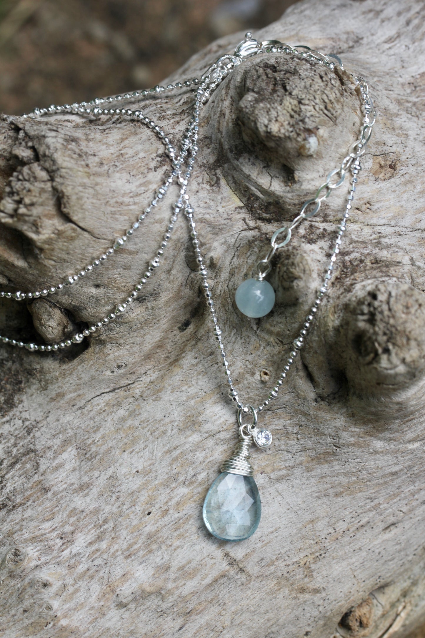 Aquamarine CZ Silver Teardrop Necklace