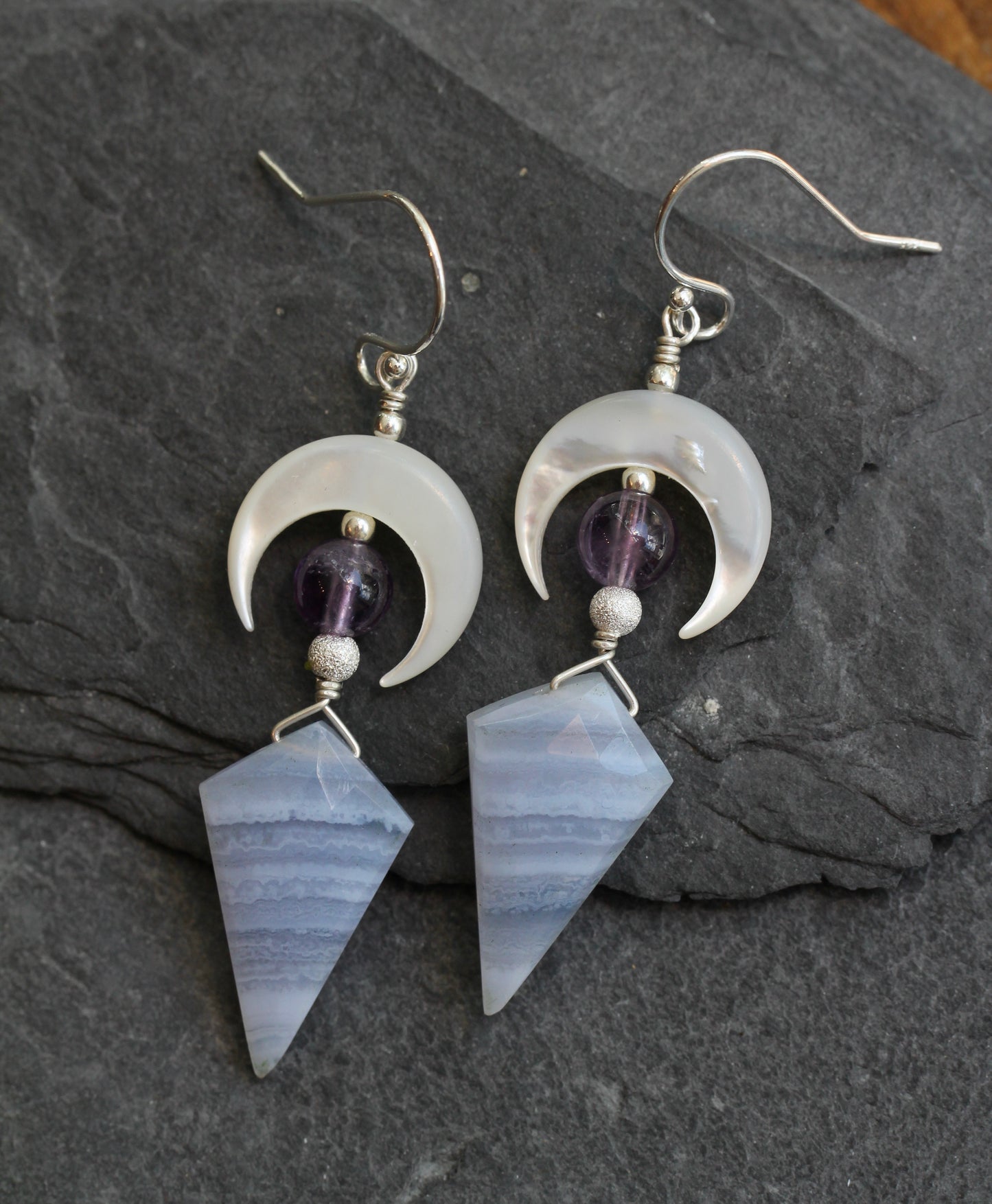 Blue Lace Agate Mother of Pearl Amethyst Crescent Moon Earrings