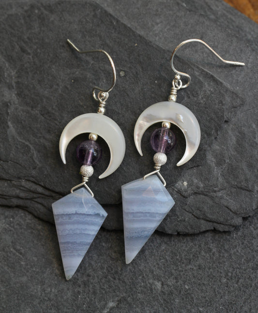 Blue Lace Agate Mother of Pearl Amethyst Crescent Moon Earrings