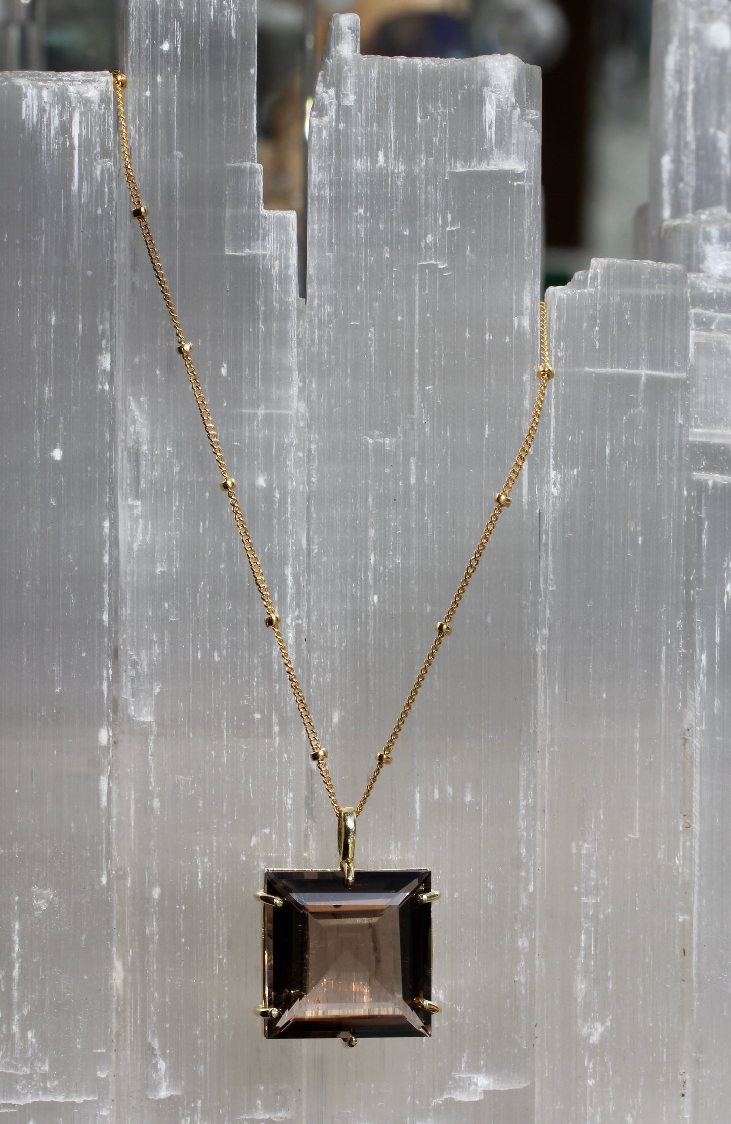 Smokey Quartz Princess Cut Gold Necklace