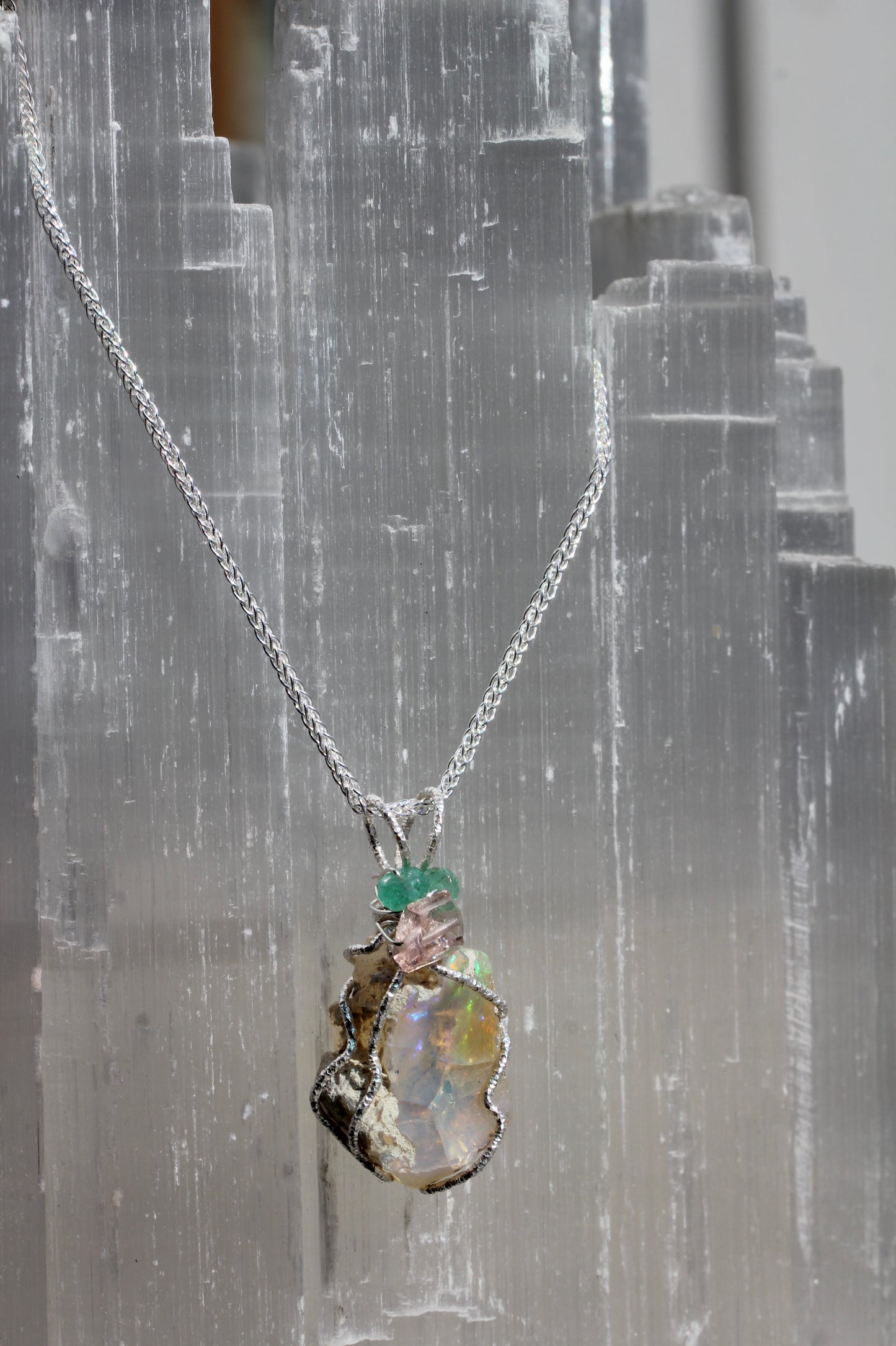Rough Opal Tourmaline Emerald Pendant