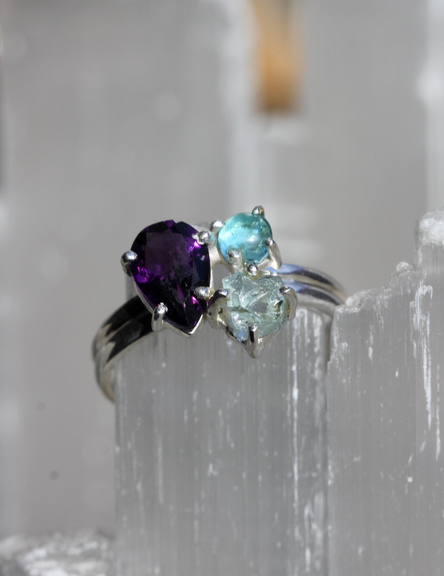 Amethyst Aquamarine Blue Apatite Ring