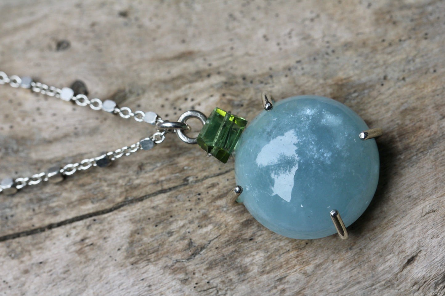 Aquamarine Green Tourmaline Cabochon Silver Necklace