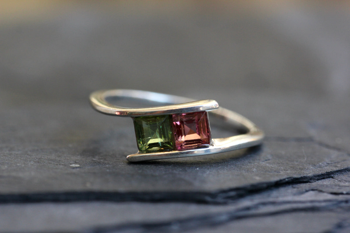 Pink and Green Tourmaline Princess Cut Ring