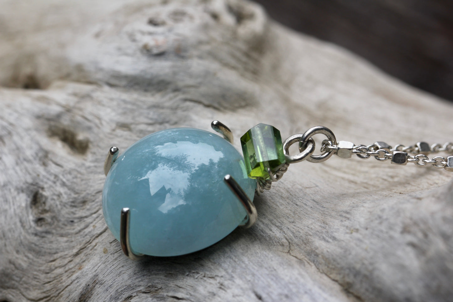 Aquamarine Green Tourmaline Cabochon Silver Necklace