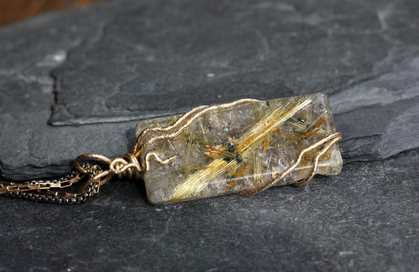 Rutilated Quartz Tile Gold Wrap Necklace