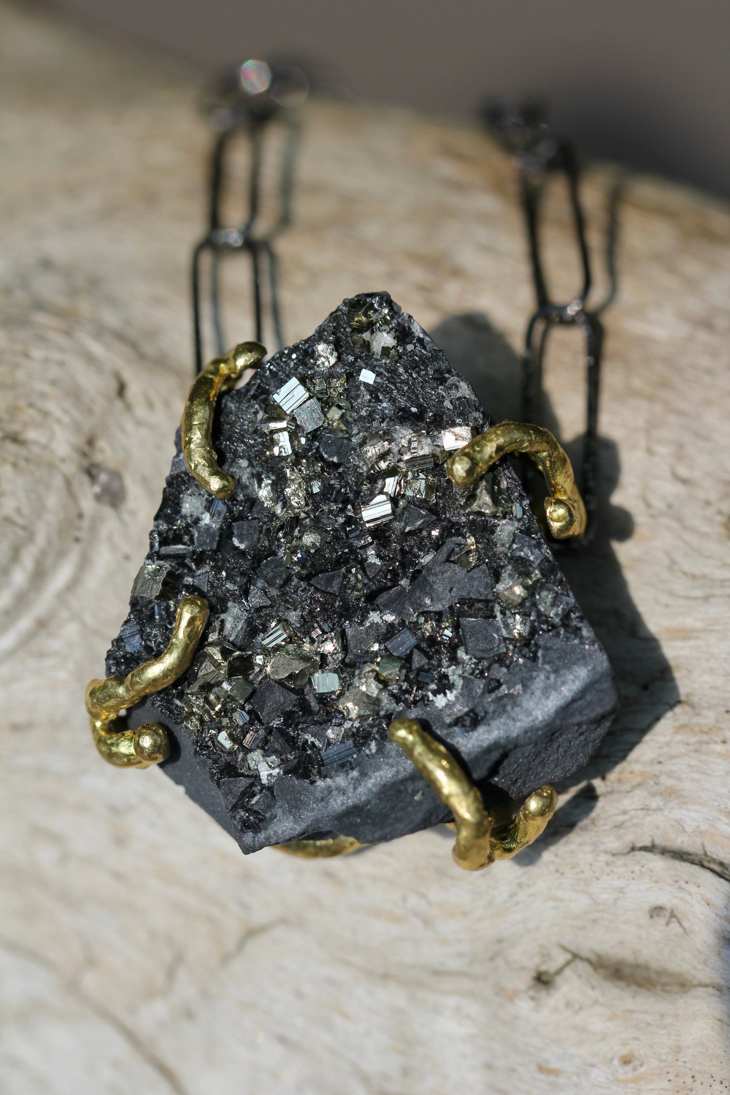 Pyrite in Basalt Black Paperclip Chain Necklace