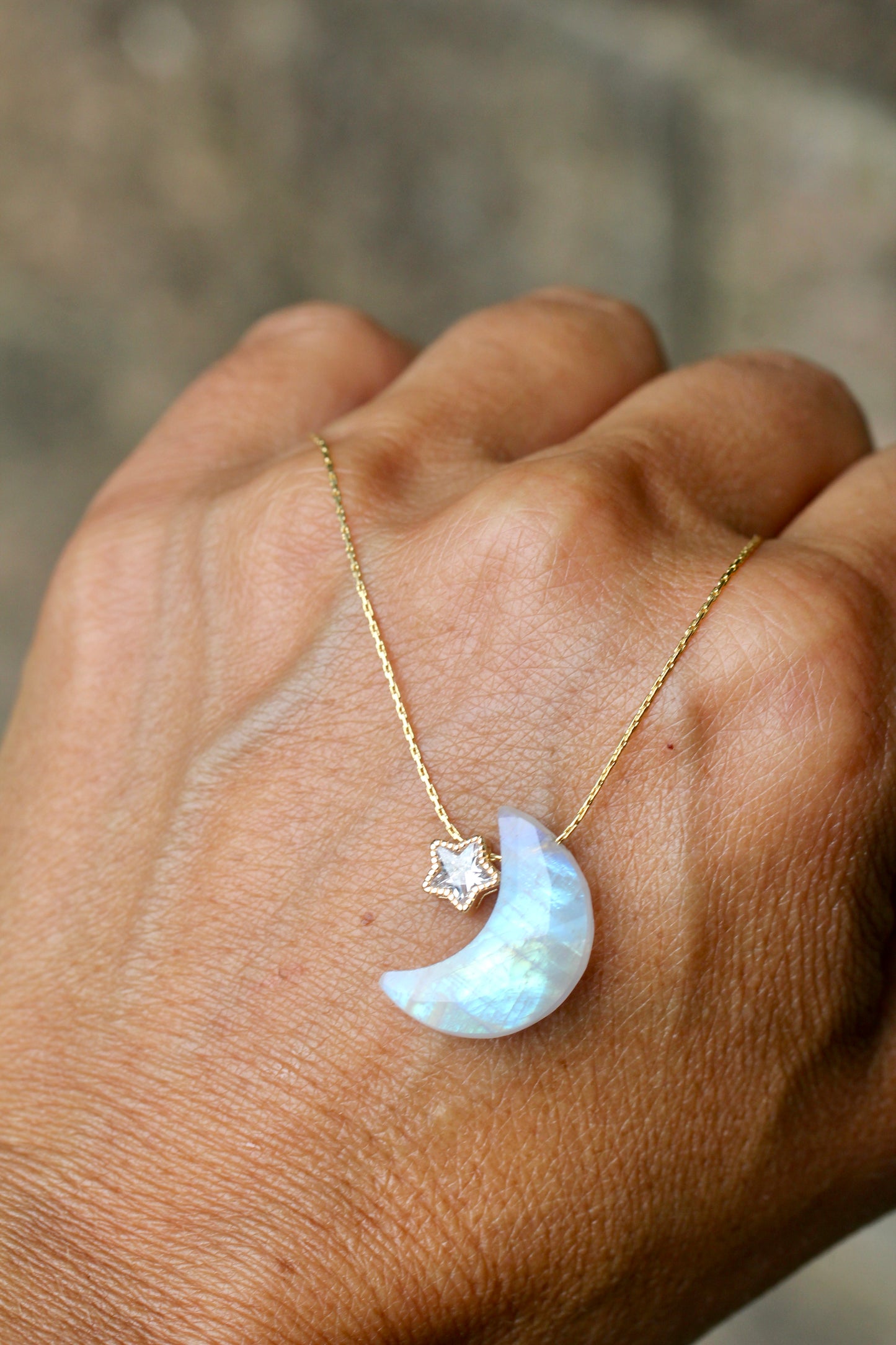 Rainbow Moonstone Moon Star Necklace