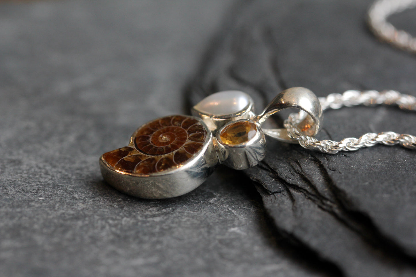 Ammonite Fossil Citrine Pearl Necklace