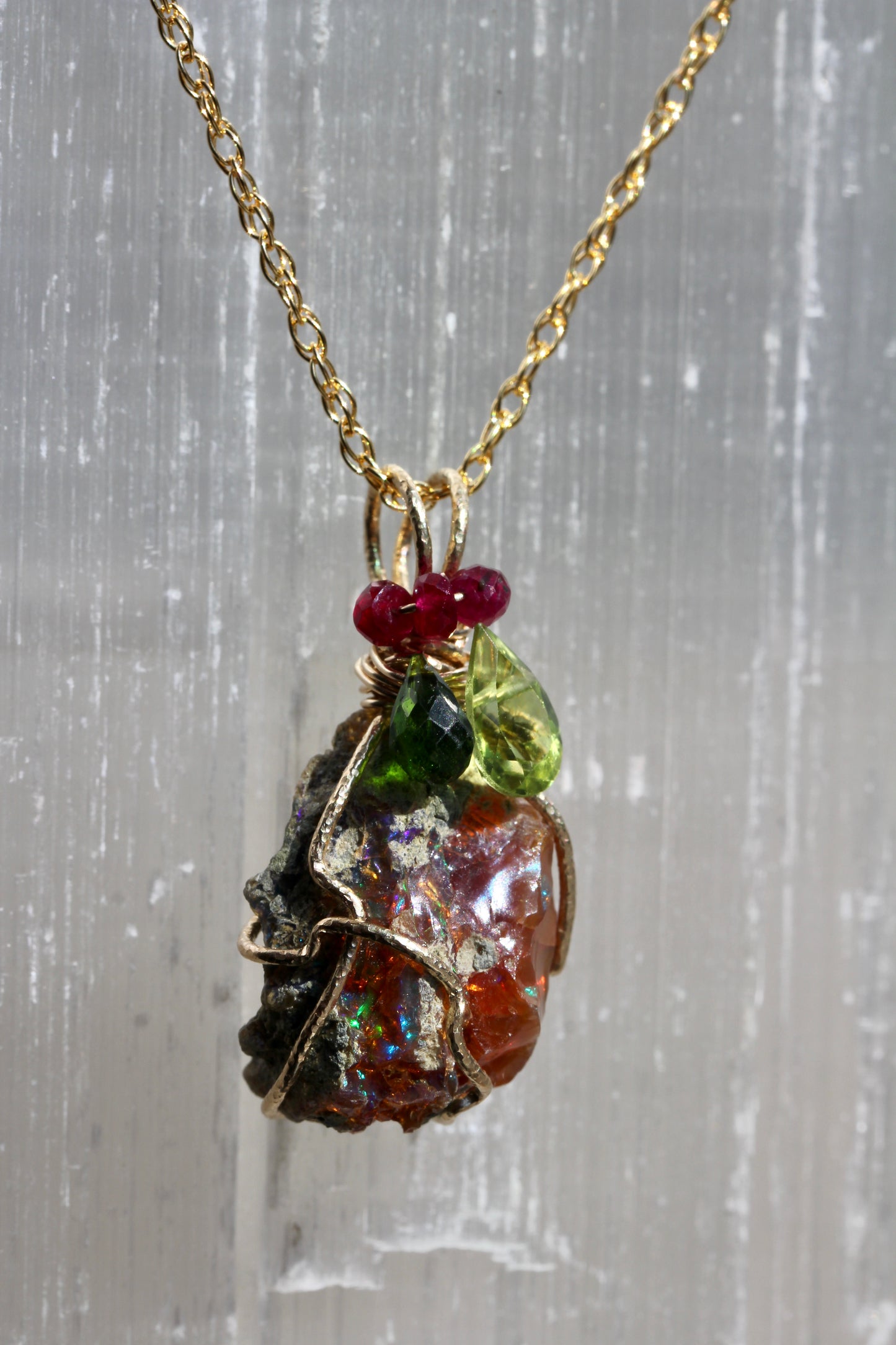 Rough Opal with Diopside, Peridot and Ruby Pendant