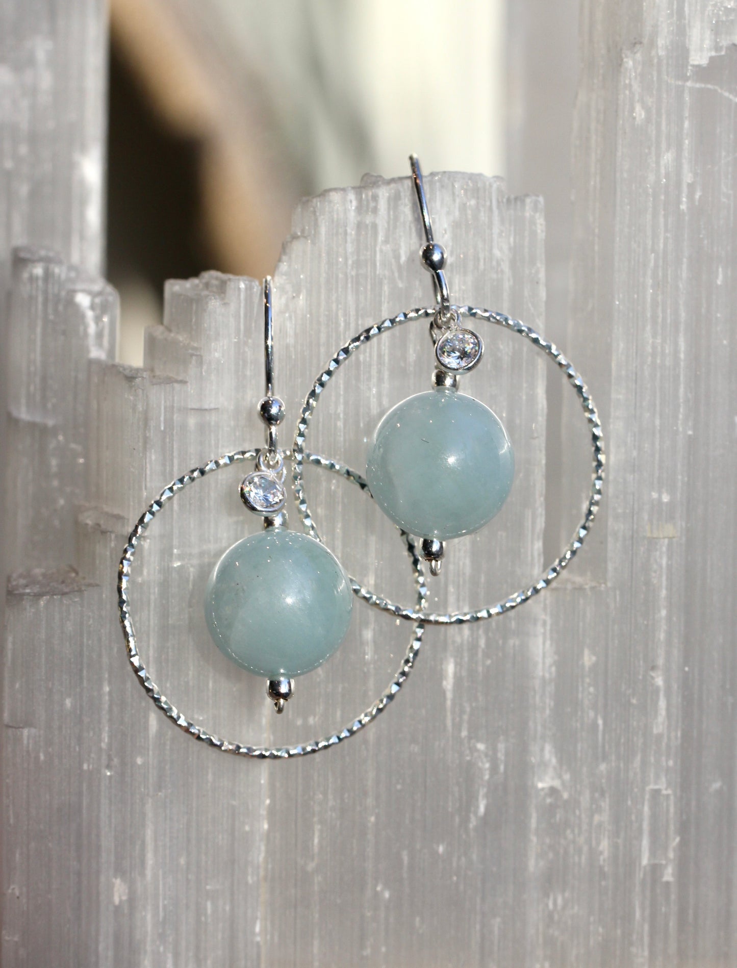 Aquamarine CZ Silver Sparkle Hoop Drop Earrings