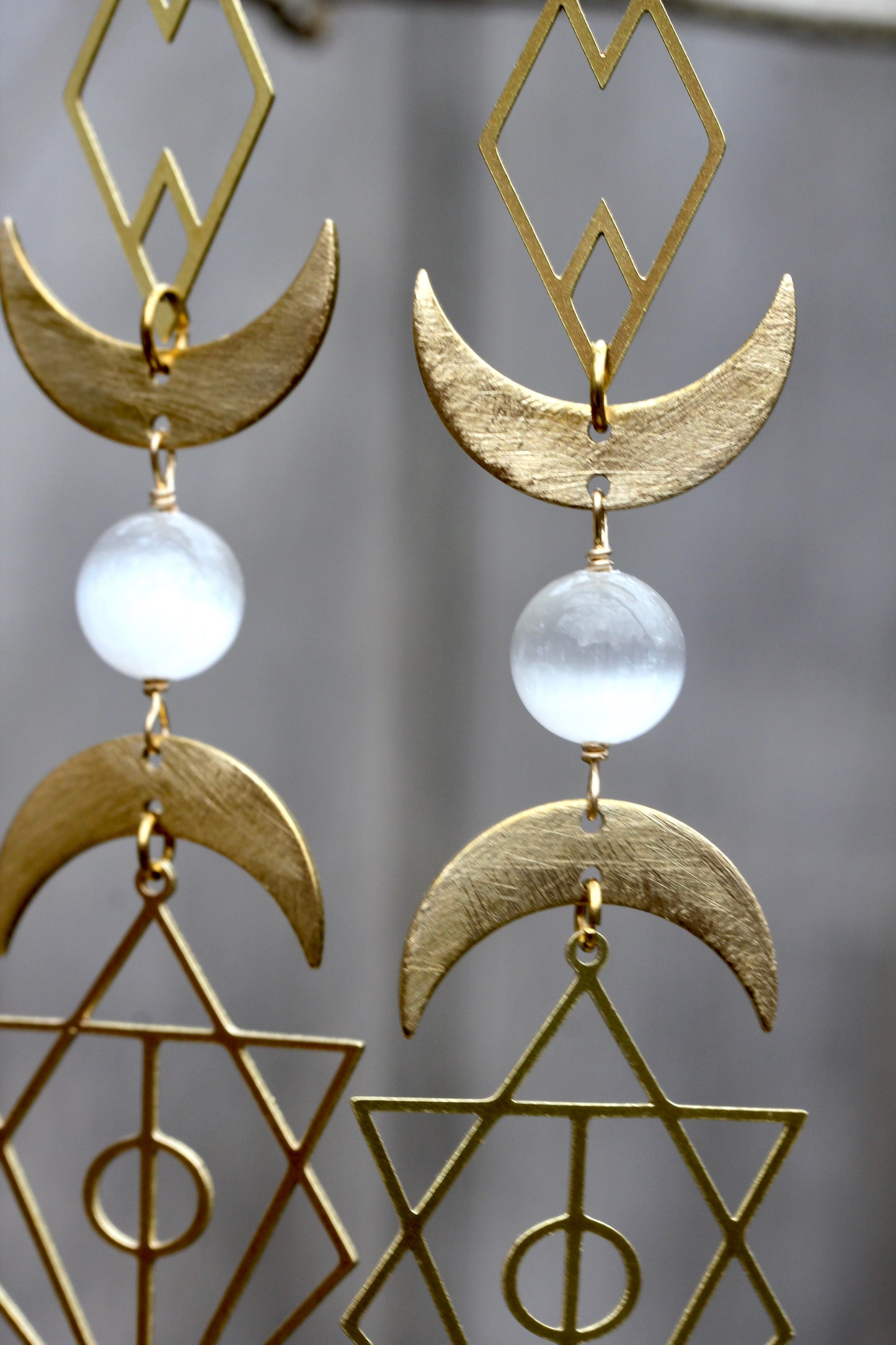 Geometric Selenite Moon Goddess Earrings