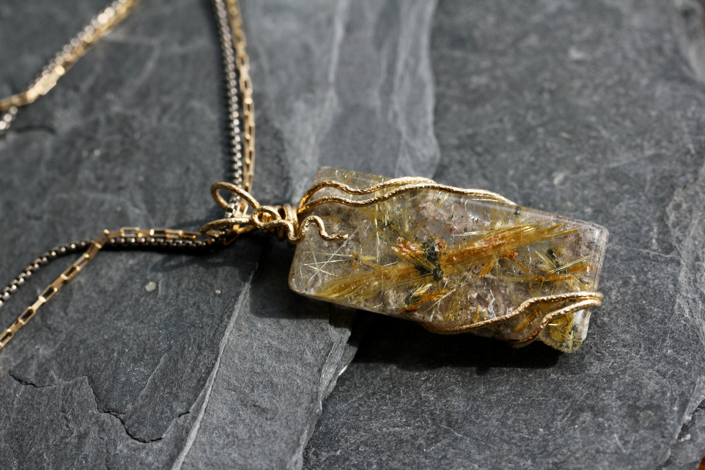 Rutilated Quartz Tile Gold Wrap Necklace