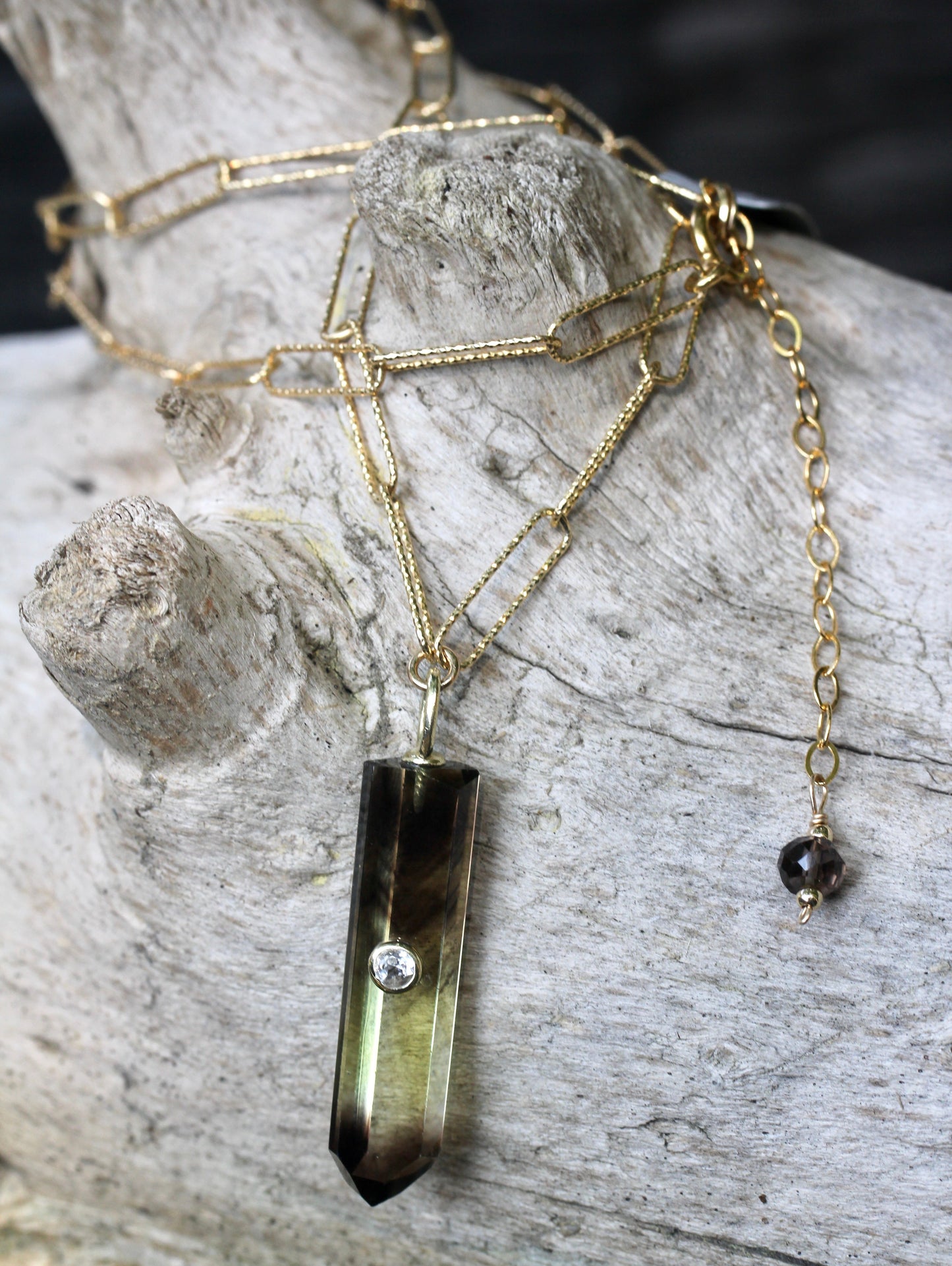 Bi Colored Smokey Quartz Crystal Gold Necklace