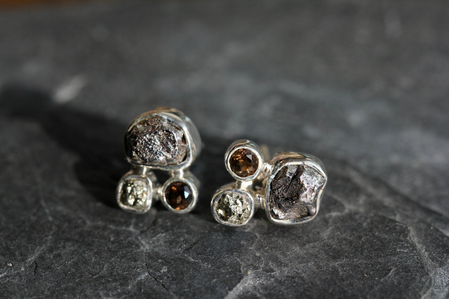 Meteortie Pyrite Smokey Stone Cluster Post Earrings