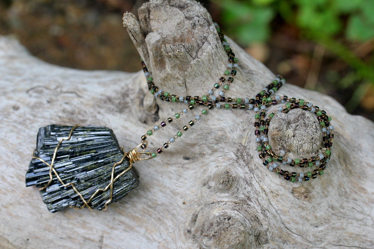 Chunky Epidote Glass Bead Chain Necklace