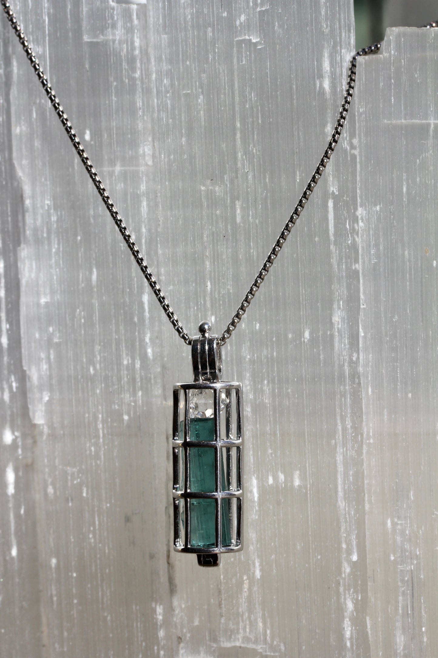 Indicolite Tourmaline Herkimer Diamond Cage Necklace