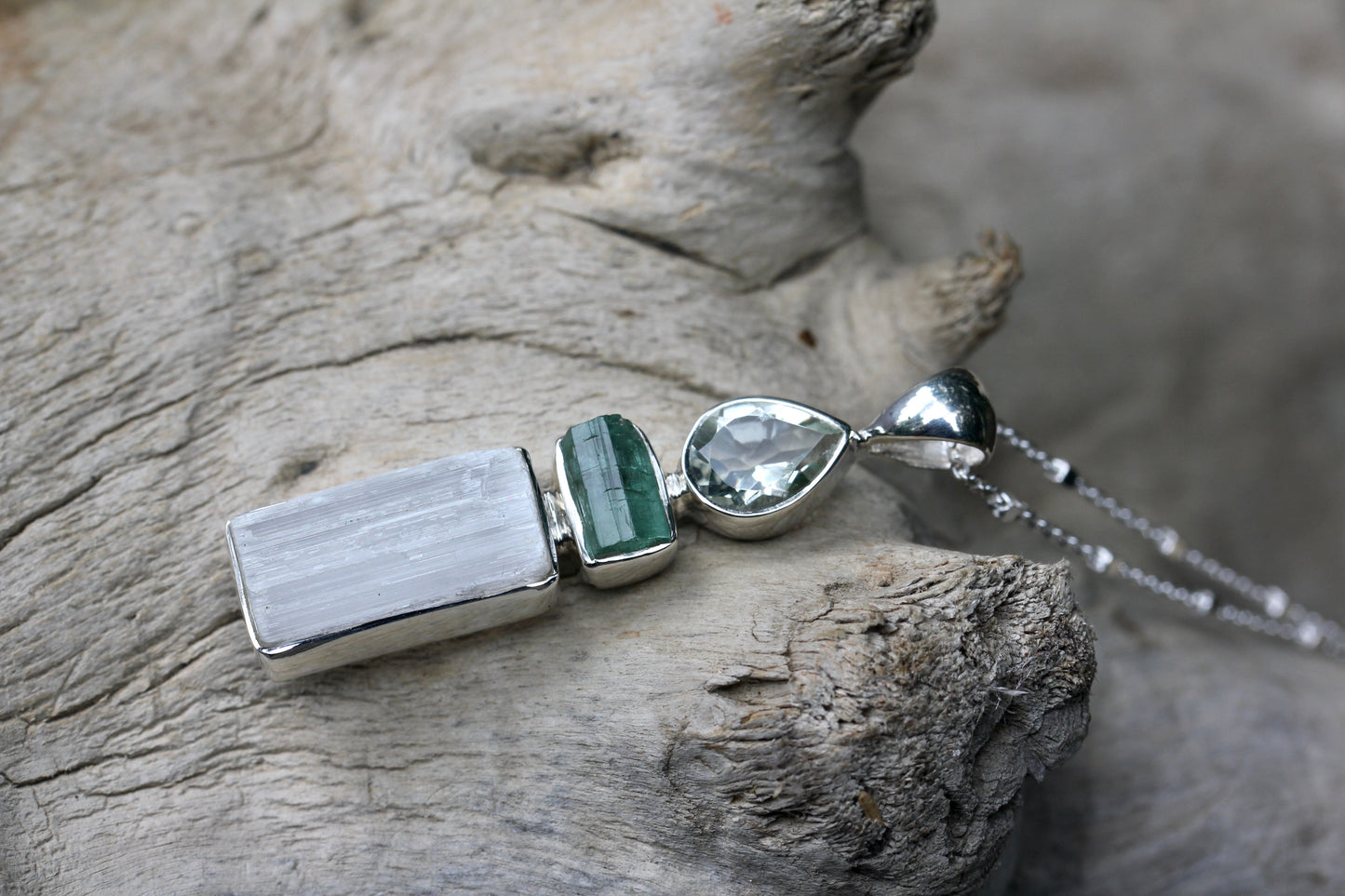 Selenite Tourmaline Prasiolite Necklace