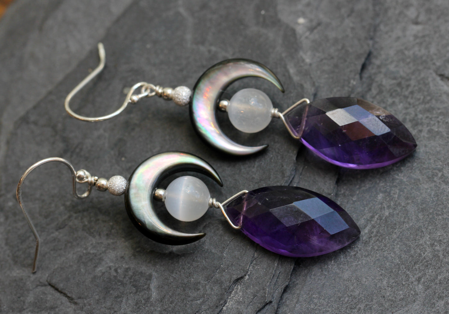 Amethyst Black Mother of Pearl Selenite Crescent Moon Earrings