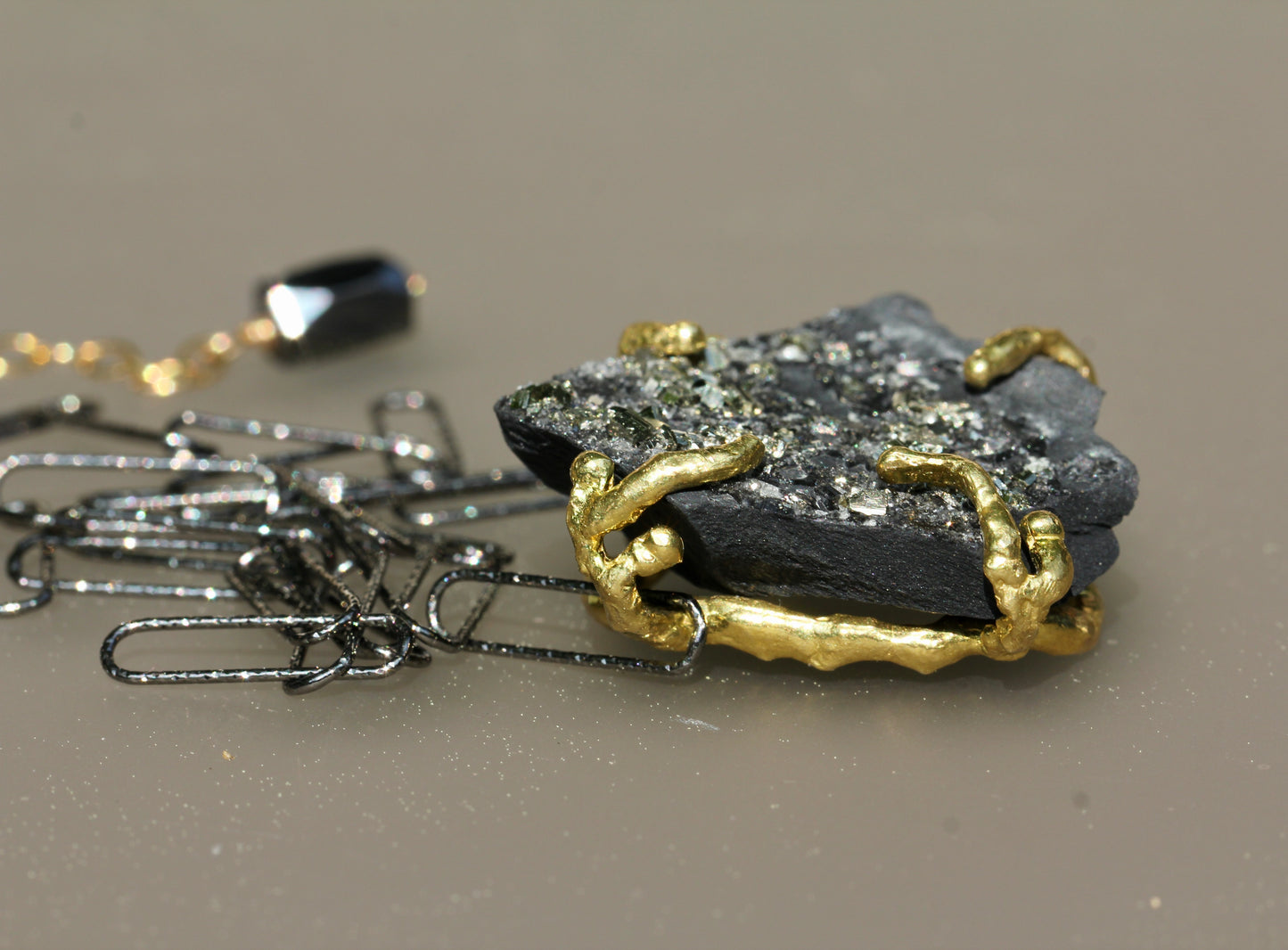 Pyrite in Basalt Black Paperclip Chain Necklace