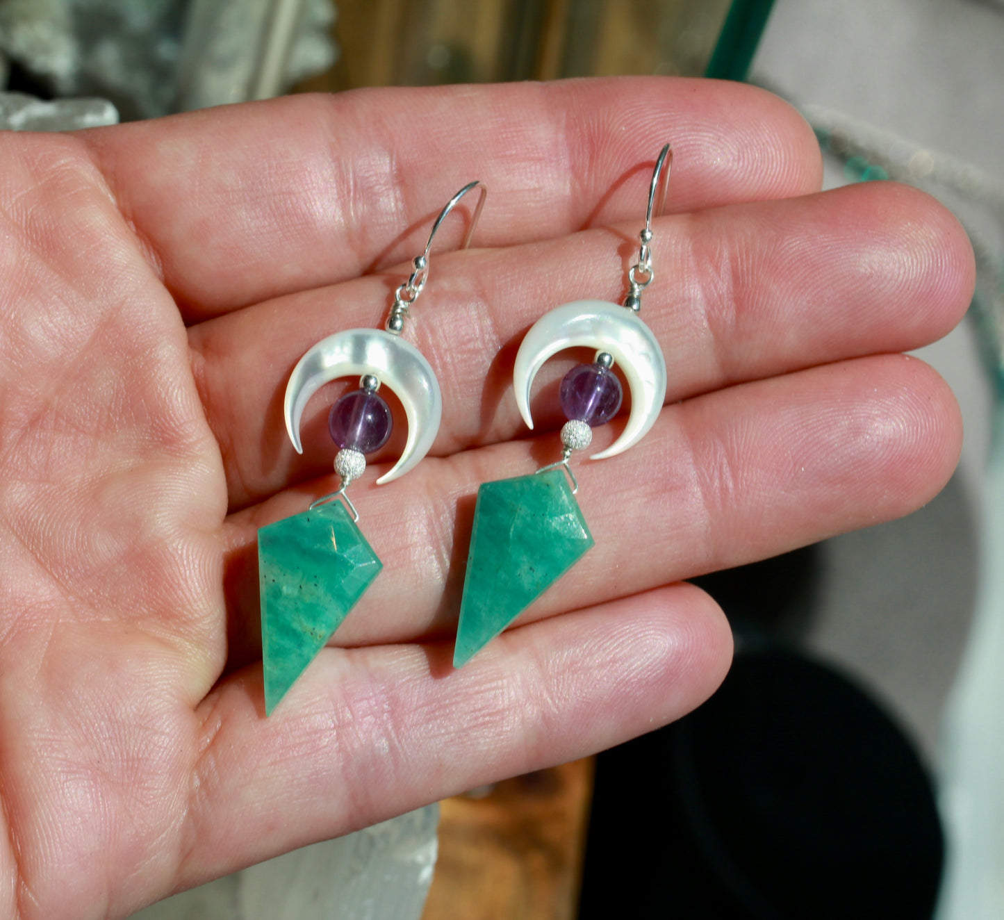 Amazonite Amethyst Mother of Pearl Moon Earrings