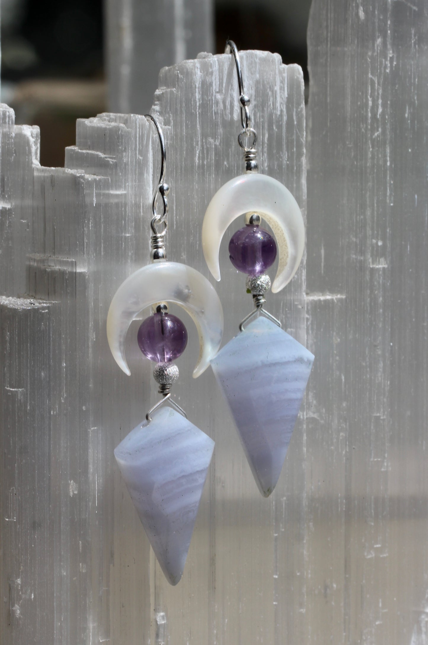 Blue Lace Agate Mother of Pearl Amethyst Crescent Moon Earrings
