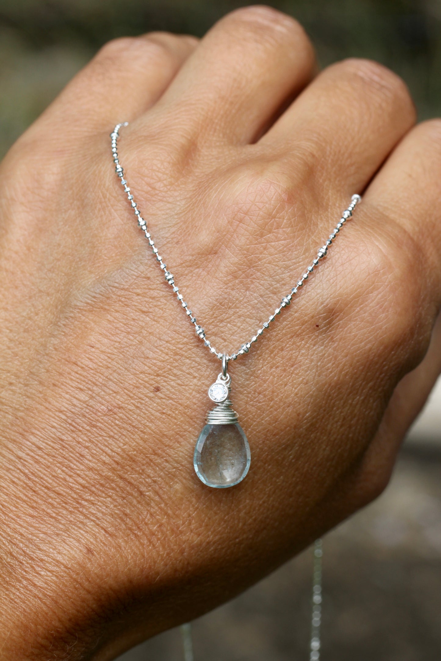 Aquamarine CZ Silver Teardrop Necklace