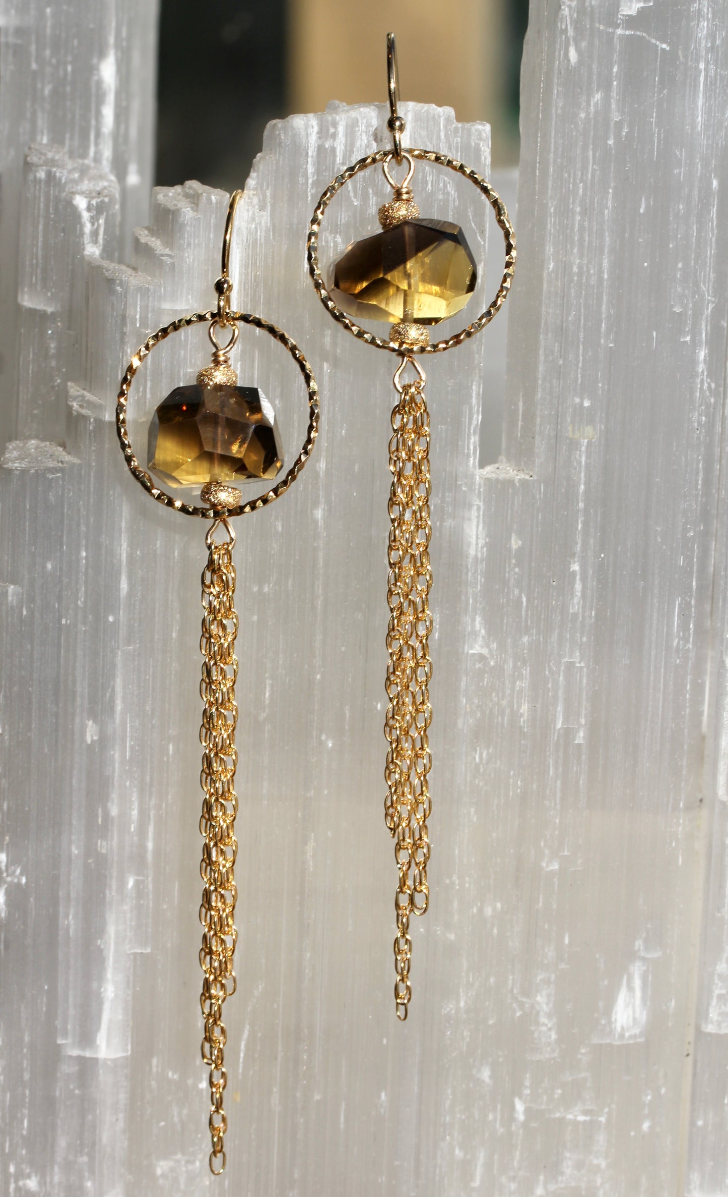 Whisky Quartz Nugget Gold Chain Tassel Earrings