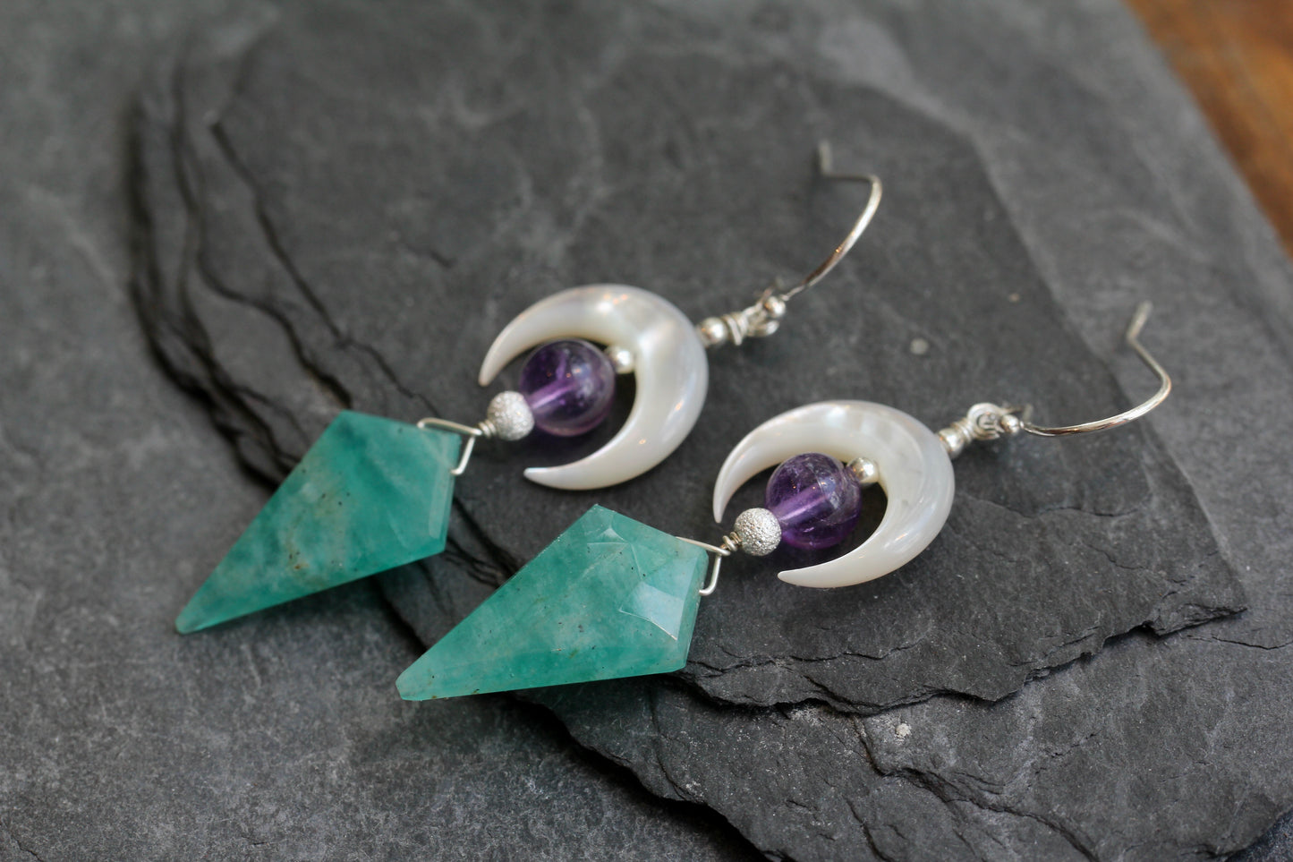 Amazonite Amethyst Mother of Pearl Moon Earrings