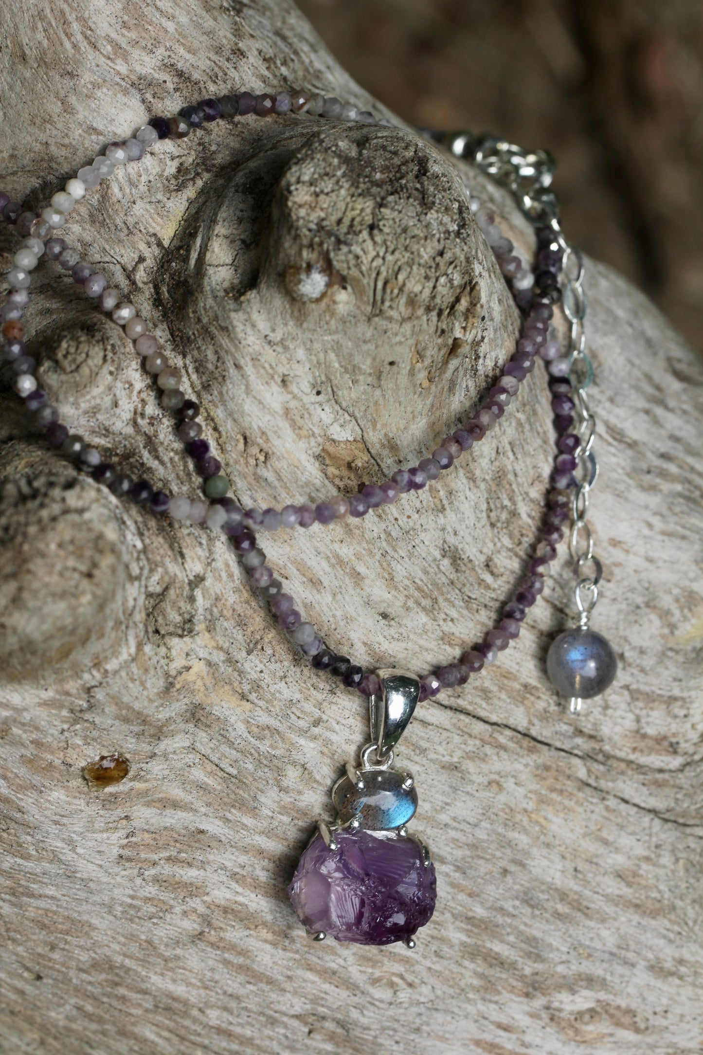 Rough Amethyst Labradorite Charoite Beaded Necklace