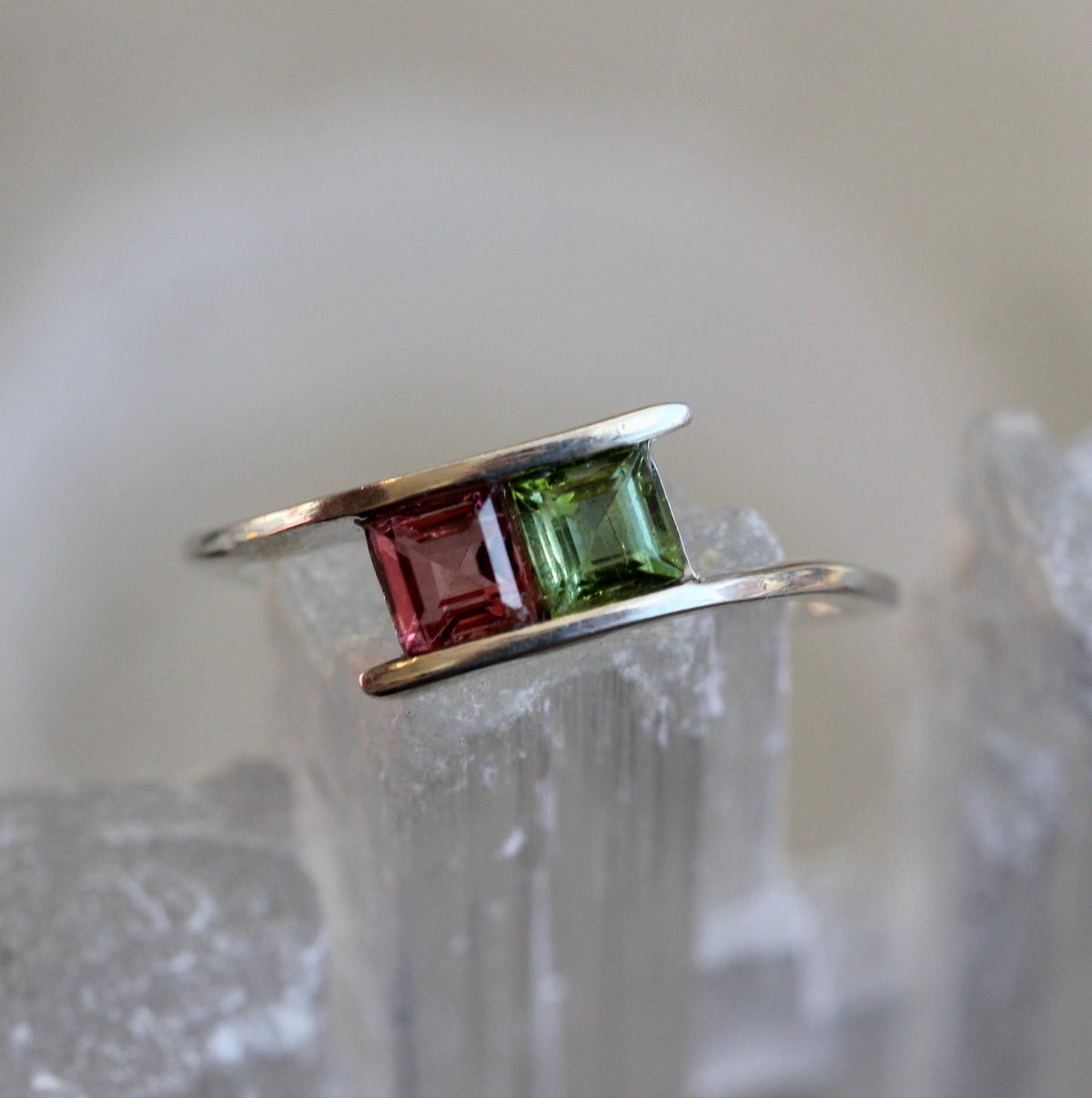 Pink and Green Tourmaline Princess Cut Ring