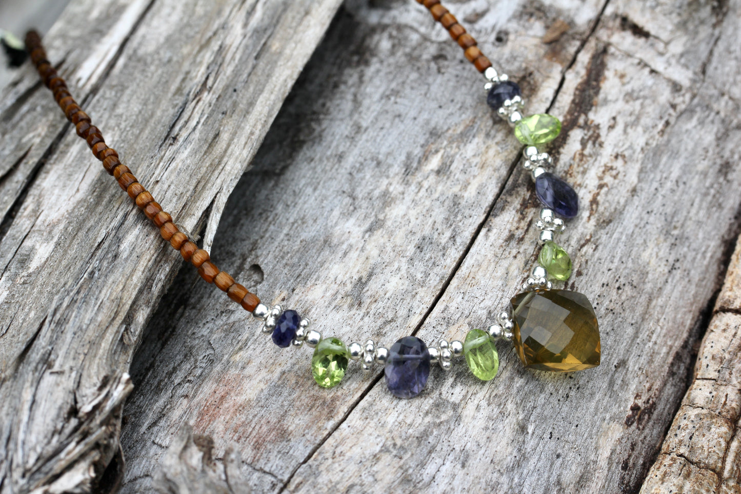 Beer Quartz Peridot Iolite Beaded Necklace