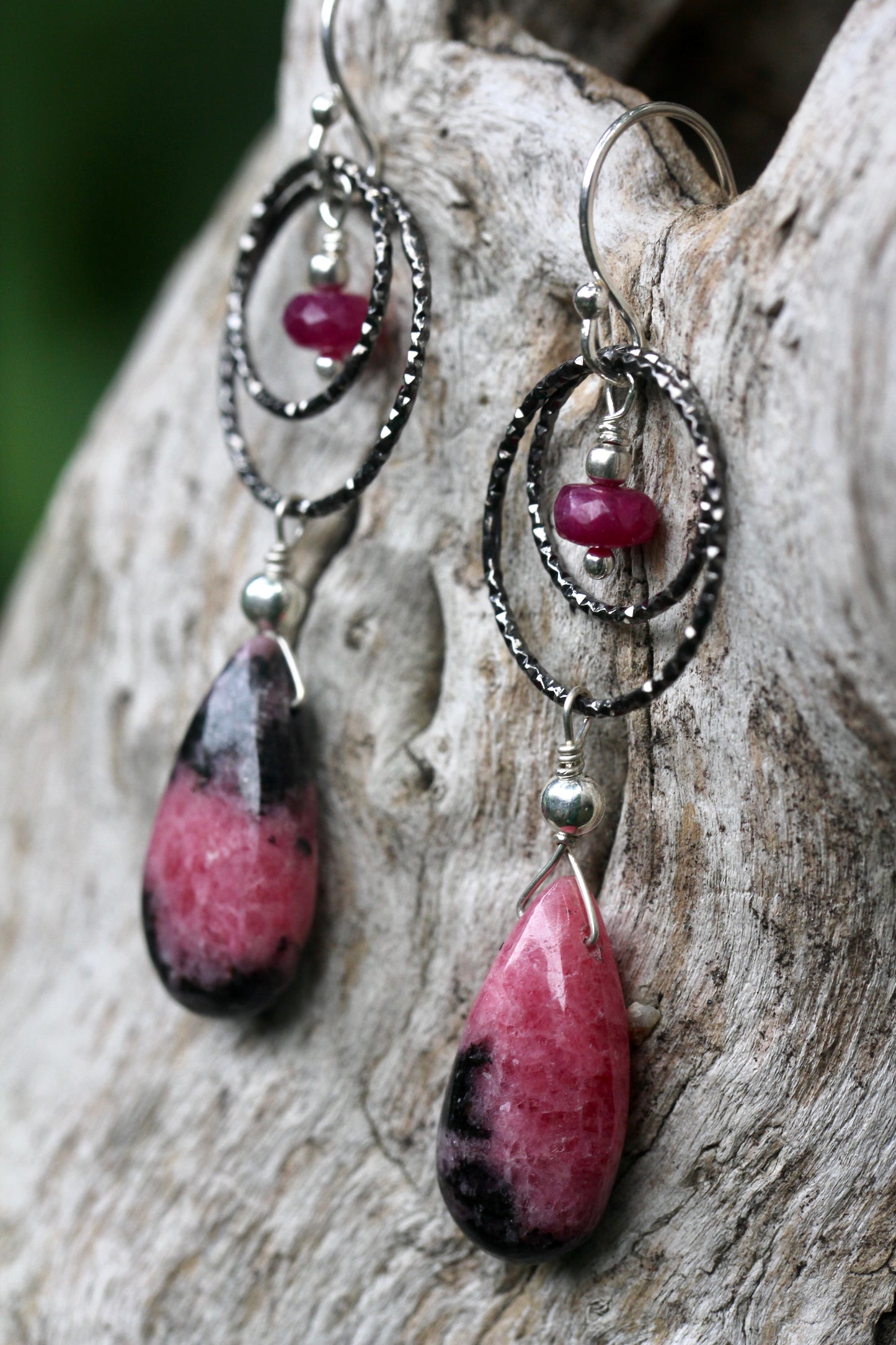 Rhodonite Ruby Oxidized Silver Double Ring Drop Earrings