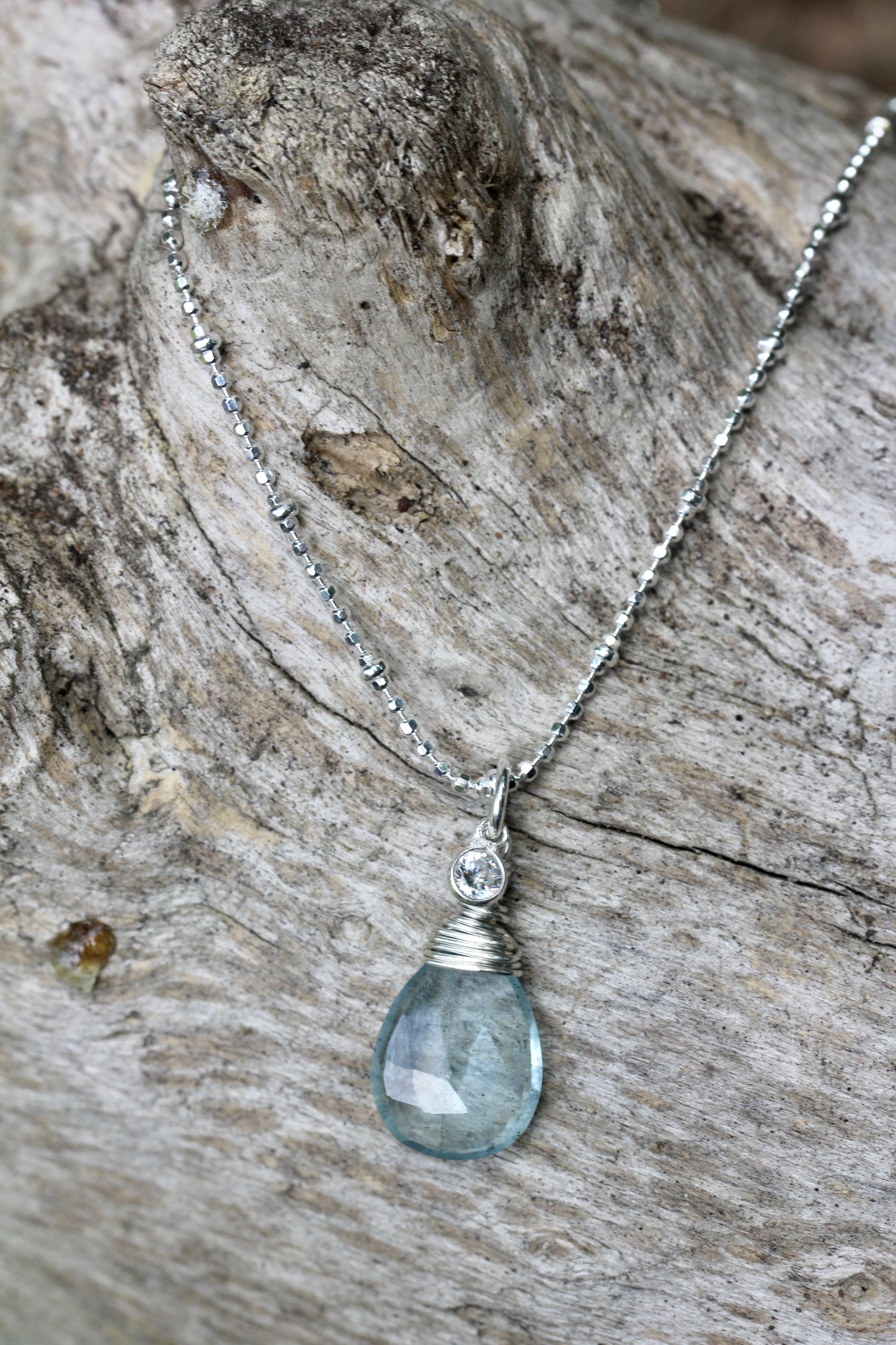 Aquamarine CZ Silver Teardrop Necklace