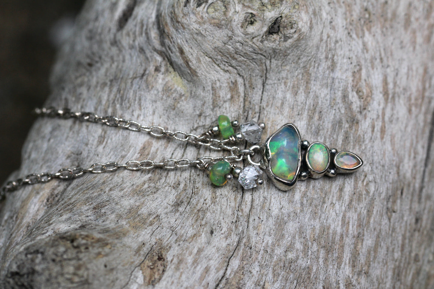 Ethiopian Opal Herkimer Diamond Droplet Silver Necklace