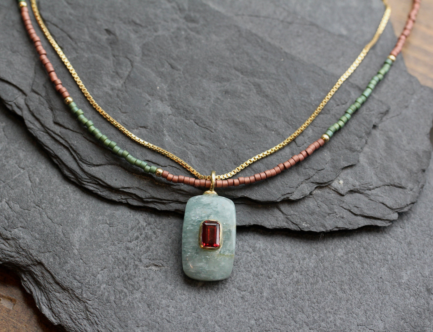 Aquamarine Garnet Beaded Gold Necklace